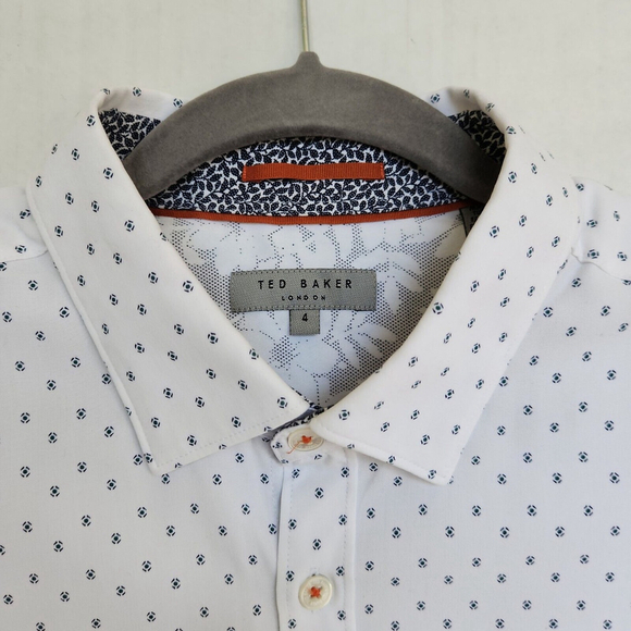 Ted Baker Evryone Luxury Short Sleeve Shirt White Geometric Turkey Size 4 US L - Picture 2 of 9